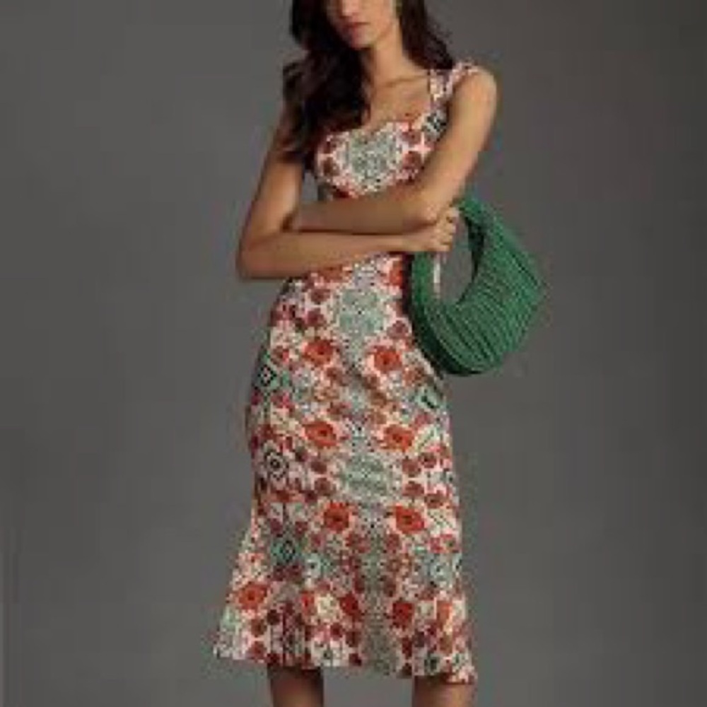 Anthropologie Cecily fit flare sweetheart neck floral orange midi dress small